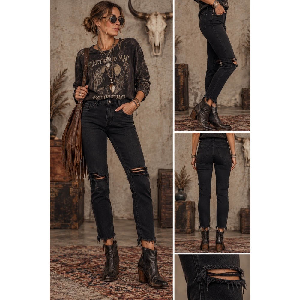 Free People Skinny Jeans Women 27 Black Distressed Raw Hem Boho Grunge Edgy
